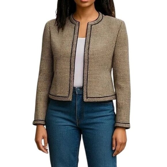 Kasper Tweed Blazer Size 12P 1 Hook Eye Closure Long Sleeve Lined Black Tan - Picture 1 of 11